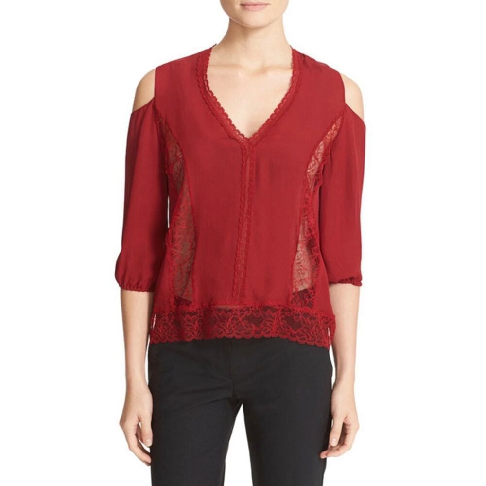 Alice + Olivia Silk Cold Shoulder Lace Trim Blouse Red Boho Chic Top Sz L